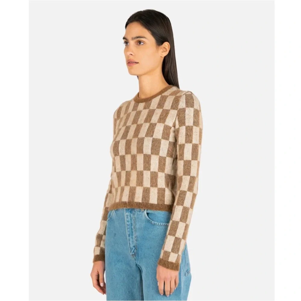 Nanushka Feline Brushed Alpaca Checkered Sweater in Creme/Brown - Picture 2 of 11